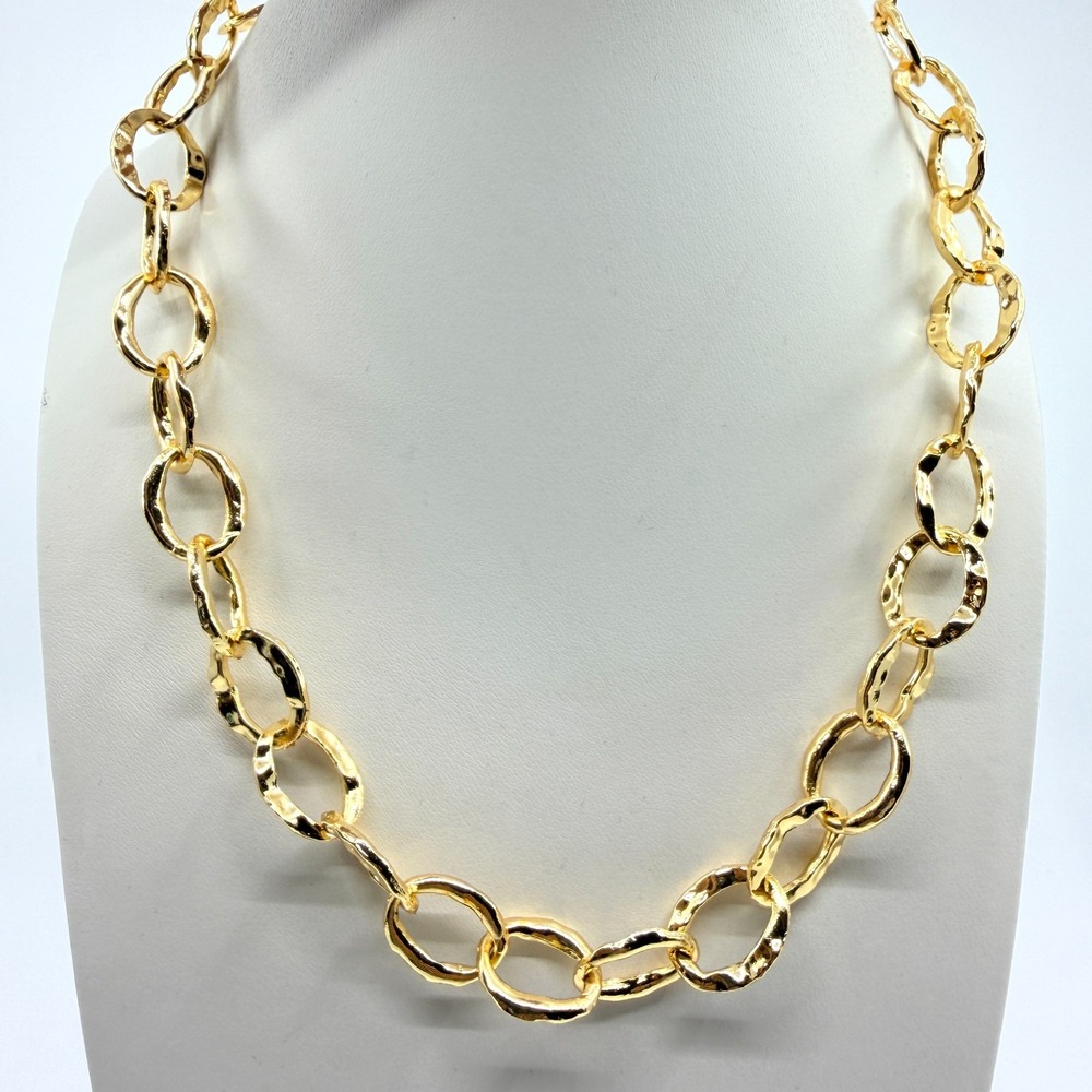 Vintage Gold Tone Textured Hammered Link Chain Necklace Y2K Chunky Statement